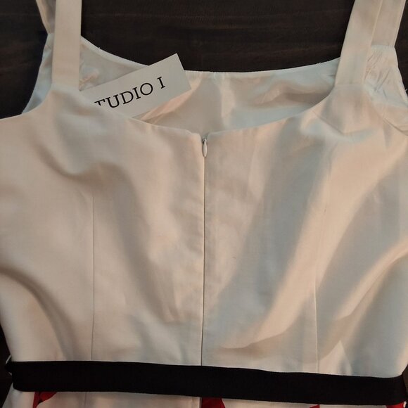Studio I White Fit & Flare Sleeveless Dress With Red & Black Floral Print Ribbon - Picture 5 of 7